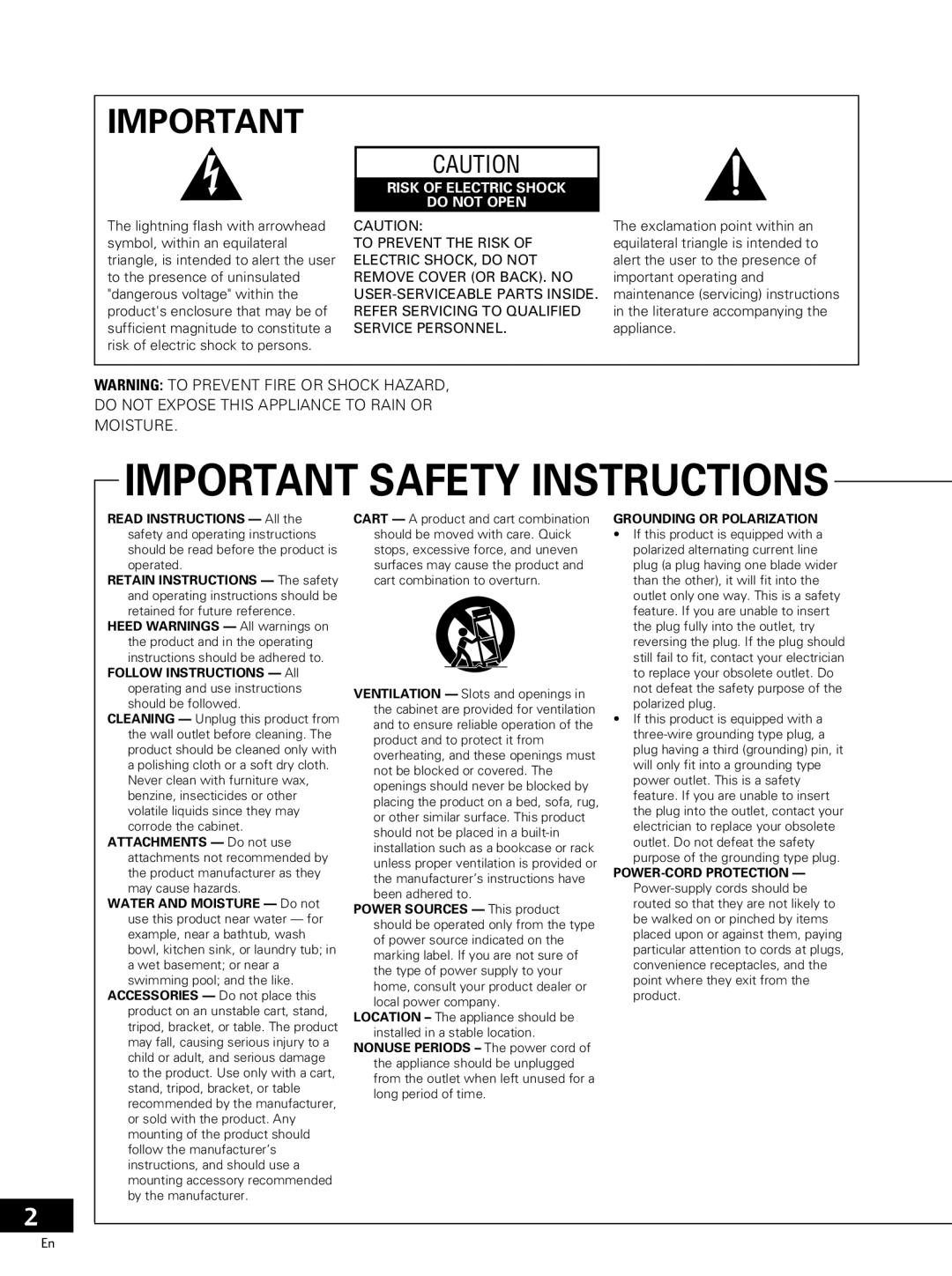 Pioneer PDV-20, PDV-LC20 operating instructions Important Safety Instructions 