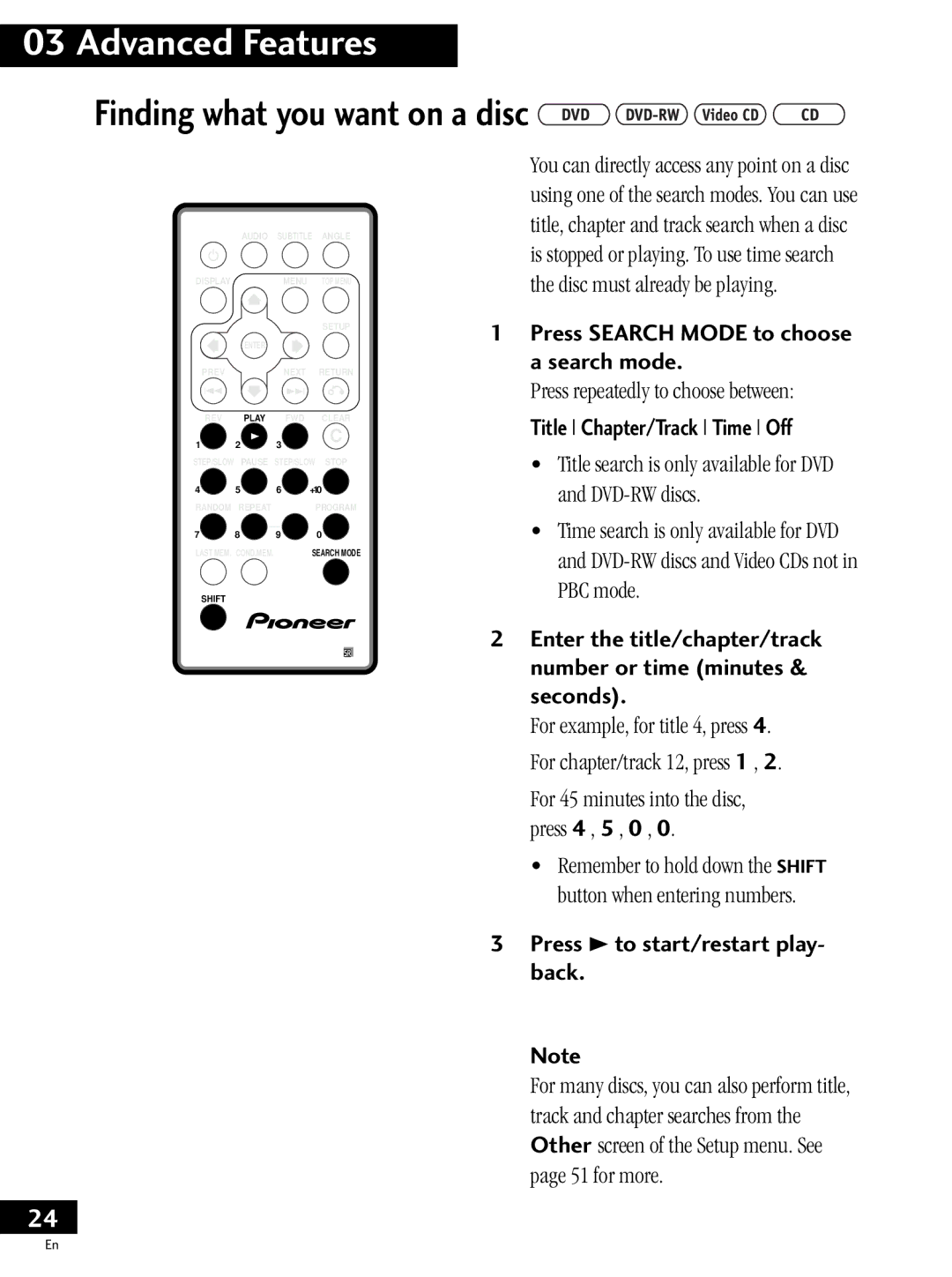 Pioneer PDV-20 Press Search Mode to choose a search mode, Press repeatedly to choose between, Title Chapter/Track Time Off 