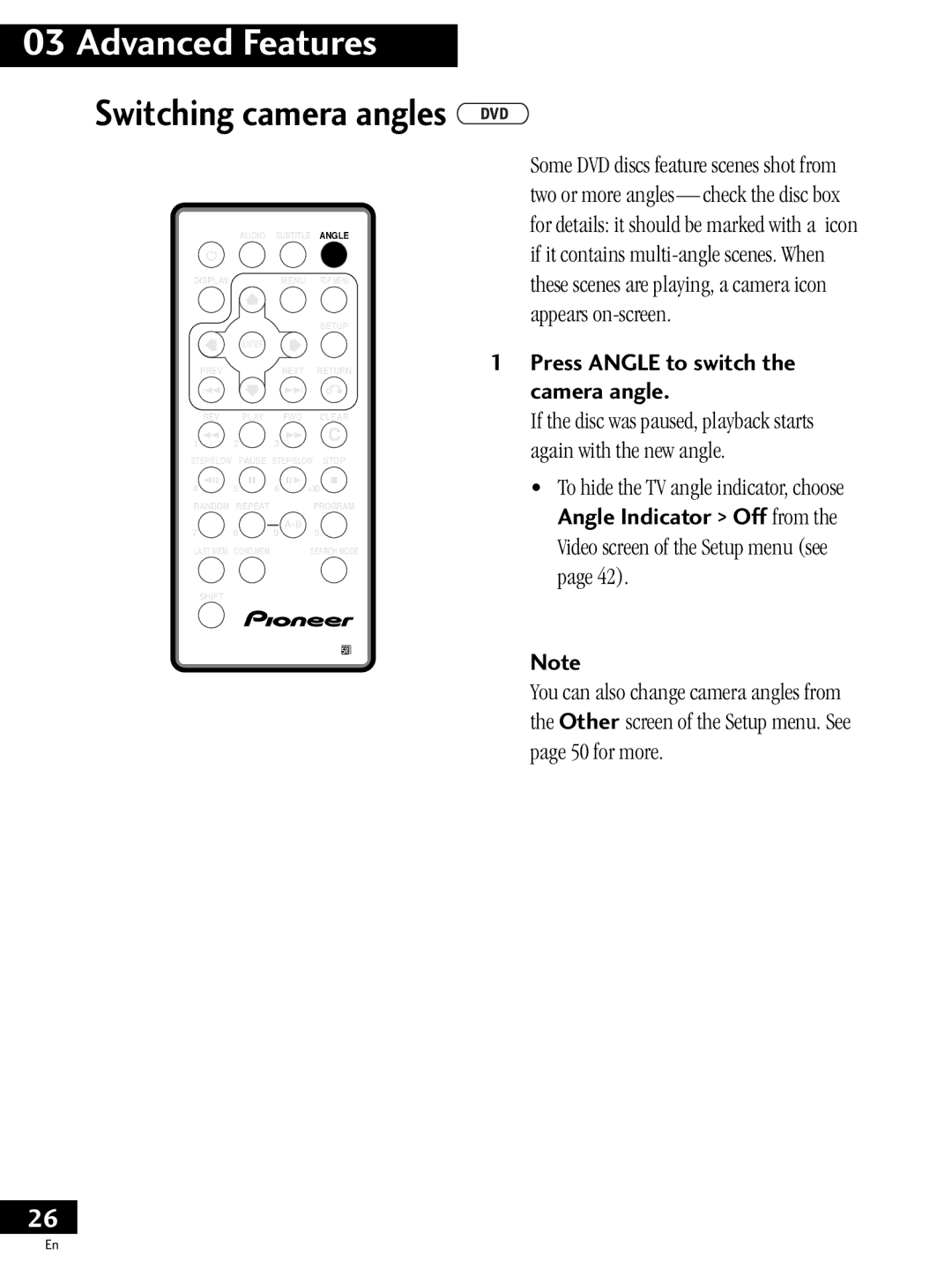 Pioneer PDV-20, PDV-LC20 operating instructions Switching camera angles, Press Angle to switch the camera angle 