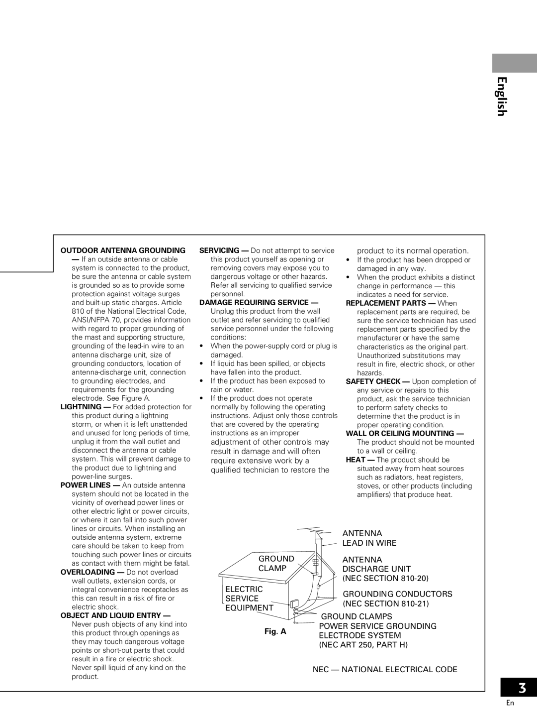 Pioneer PDV-LC20, PDV-20 operating instructions English, Outdoor Antenna Grounding 