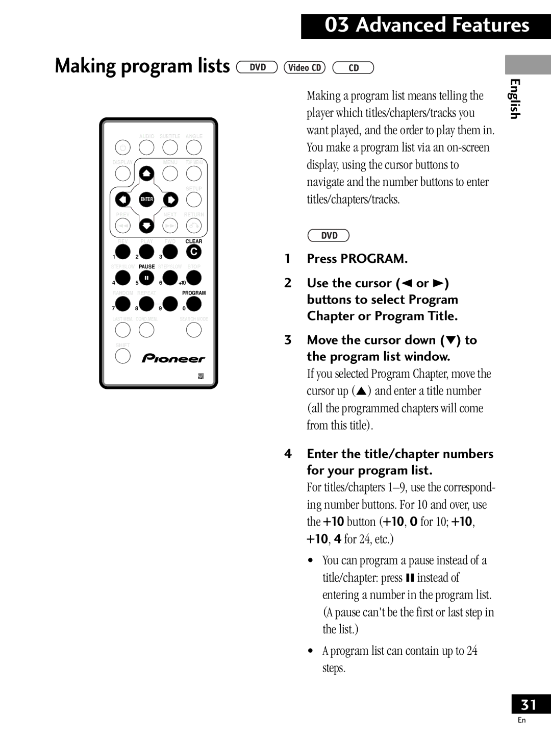 Pioneer PDV-LC20, PDV-20 Making program lists, Press Program, Enter the title/chapter numbers for your program list 