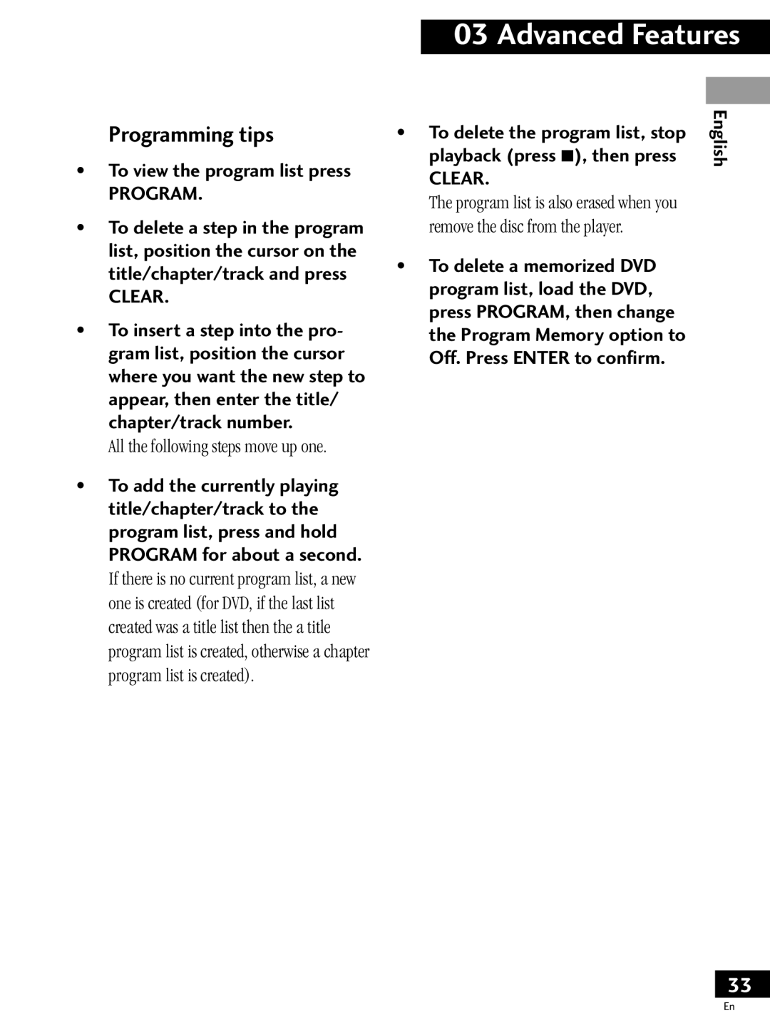 Pioneer PDV-LC20, PDV-20 Programming tips, ¥ To view the program list press, All the following steps move up one 