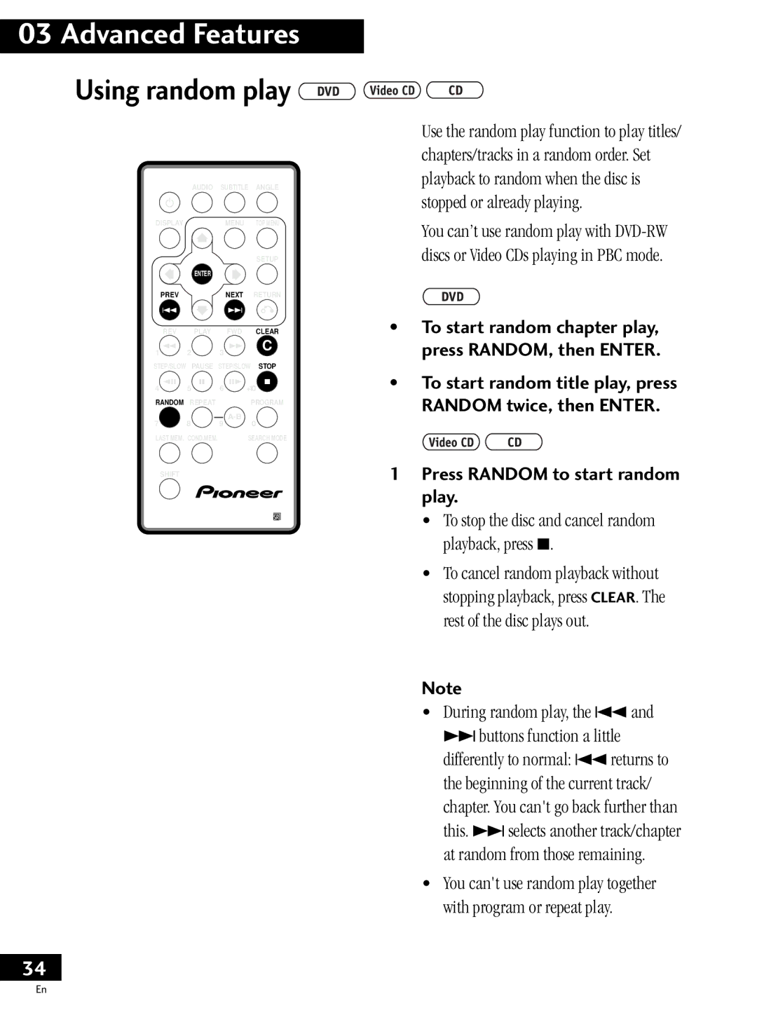 Pioneer PDV-20 Using random play, Press Random to start random play, To stop the disc and cancel random playback, press 