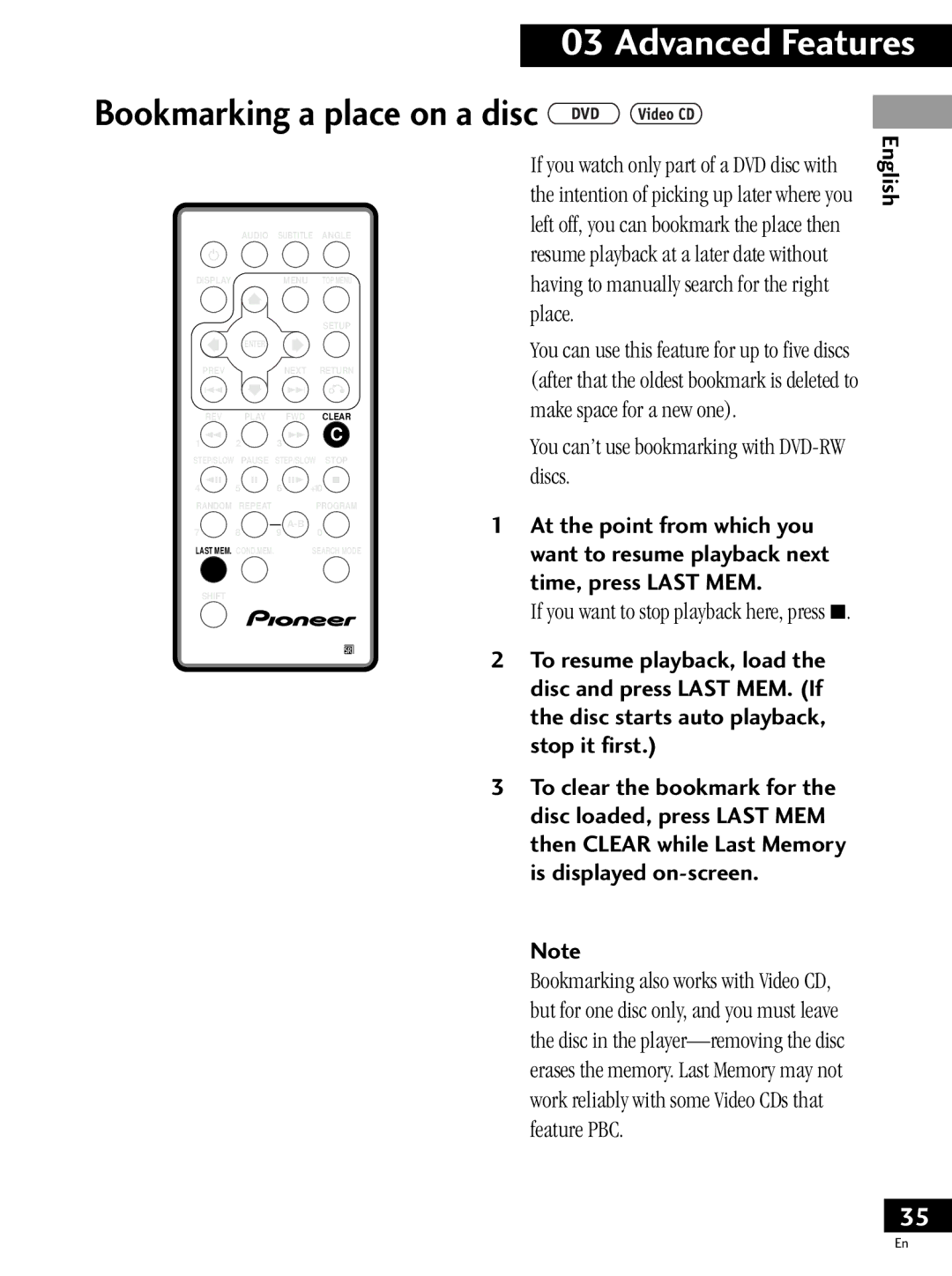 Pioneer PDV-LC20, PDV-20 operating instructions Bookmarking a place on a disc, You can’t use bookmarking with DVD-RW discs 