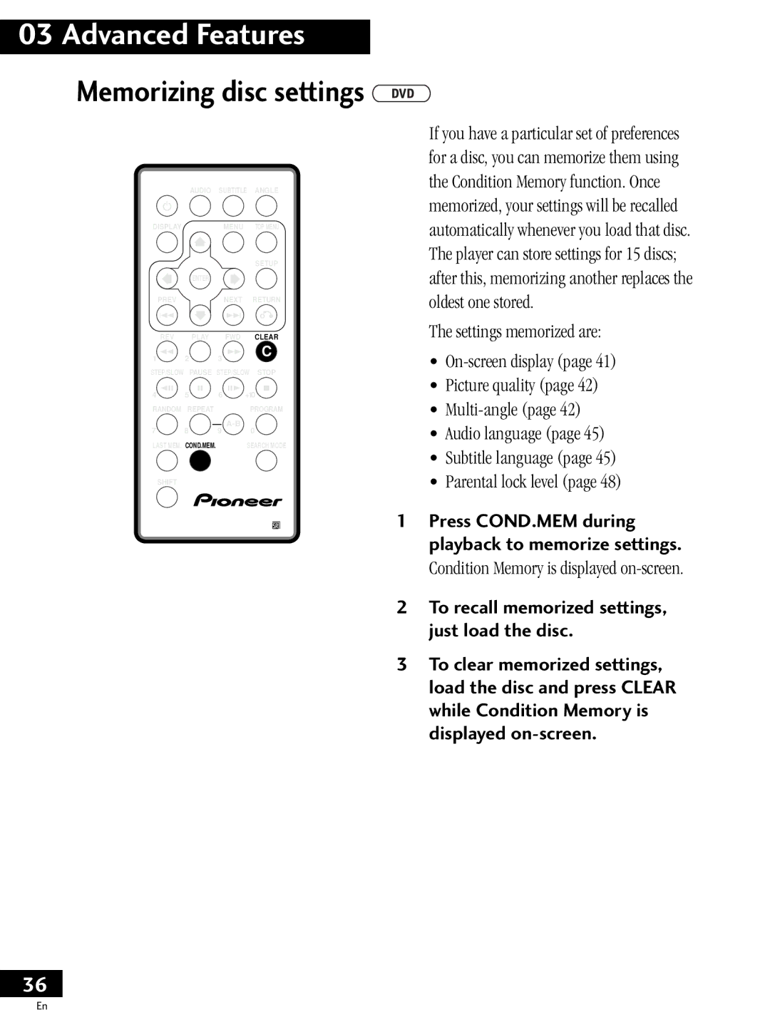 Pioneer PDV-20, PDV-LC20 operating instructions Memorizing disc settings, Condition Memory is displayed on-screen 