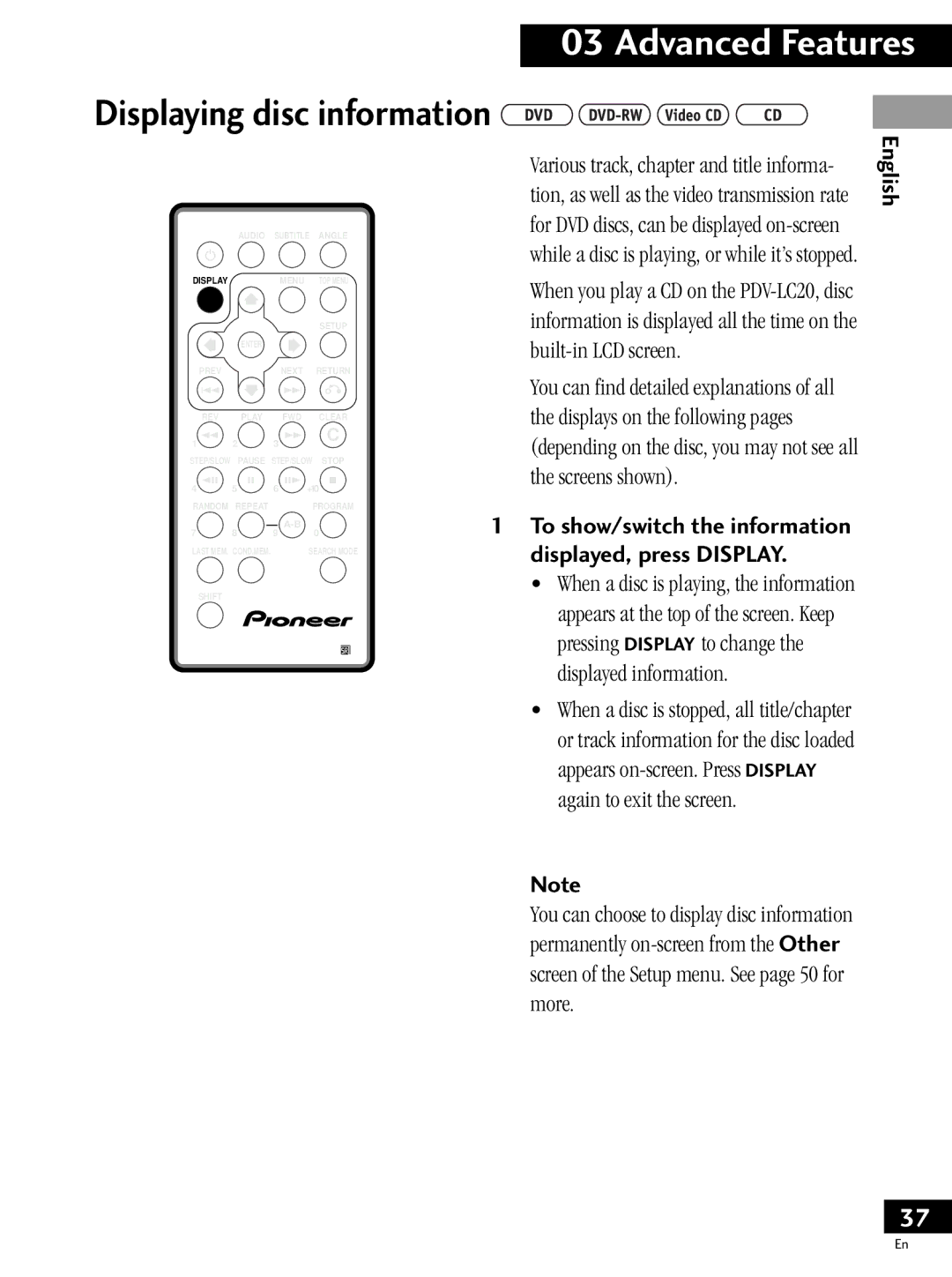 Pioneer PDV-LC20, PDV-20 operating instructions Built-in LCD screen, To show/switch the information displayed, press Display 