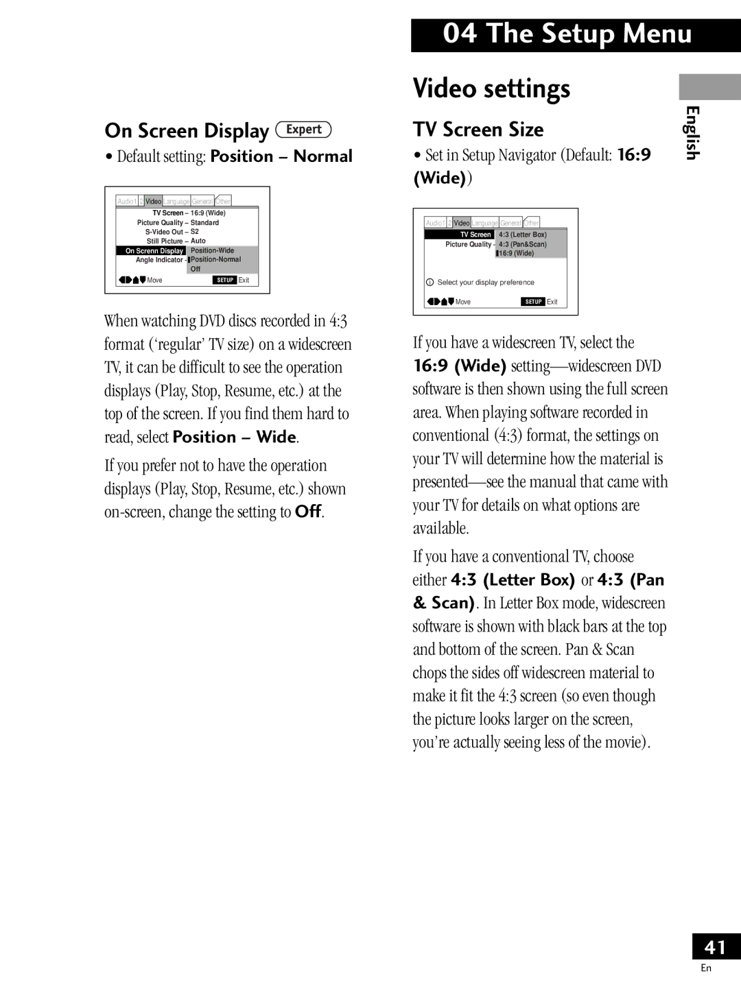 Pioneer PDV-LC20, PDV-20 Video settings, On Screen Display, TV Screen Size, Default setting Position Ð Normal, Wide 