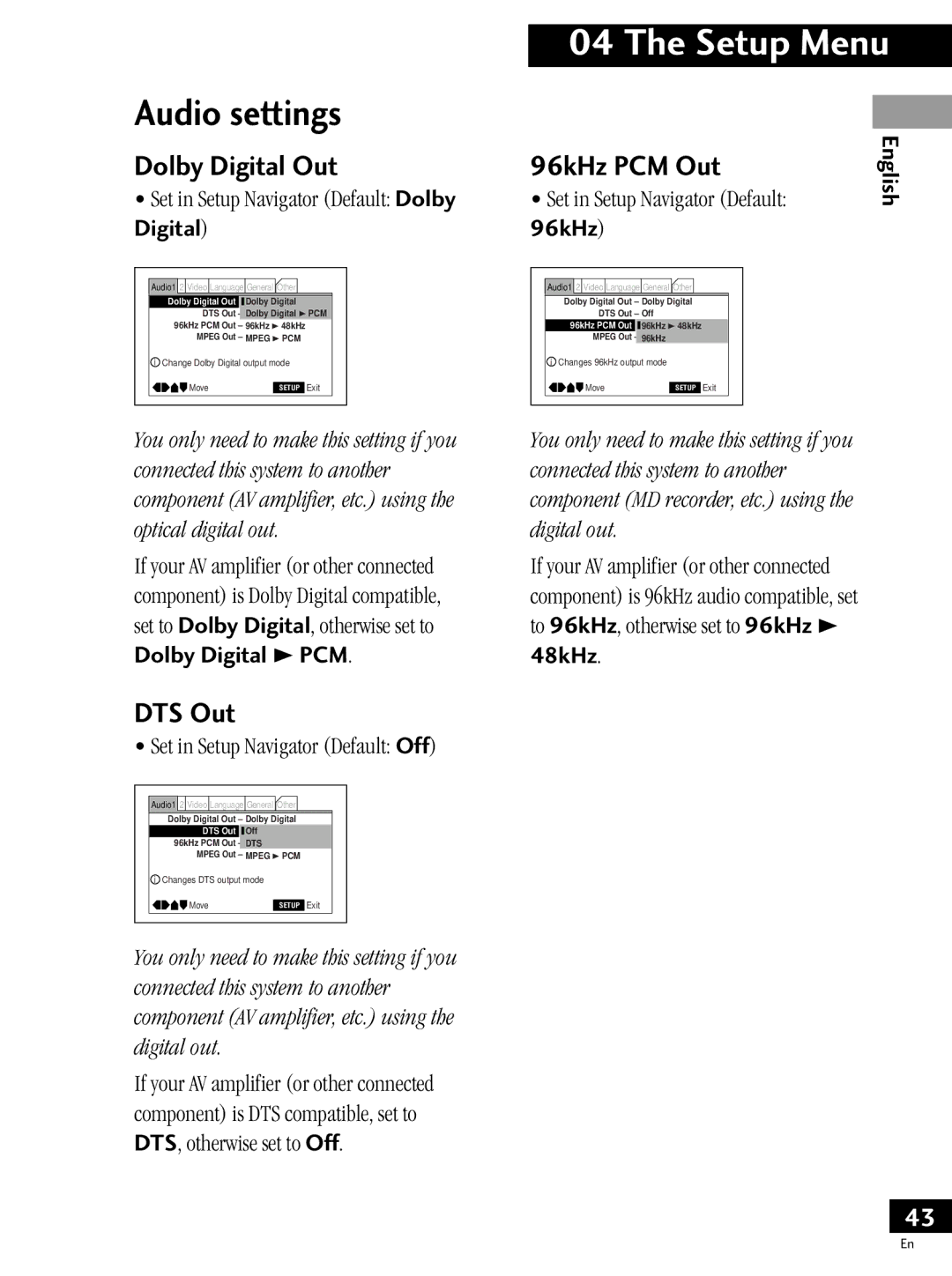 Pioneer PDV-LC20, PDV-20 operating instructions Audio settings, Dolby Digital Out, DTS Out, 96kHz PCM Out 