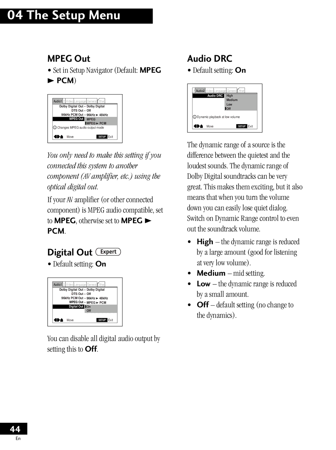 Pioneer PDV-20, PDV-LC20 operating instructions Mpeg Out, Digital Out, Audio DRC, Set in Setup Navigator Default Mpeg, Pcm 