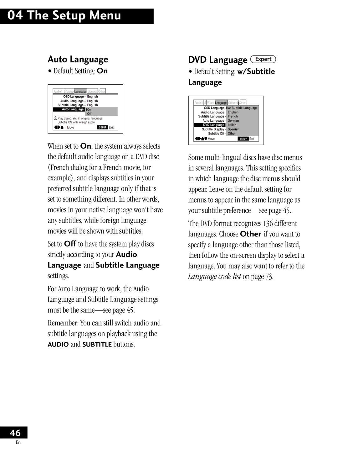 Pioneer PDV-20, PDV-LC20 Auto Language, DVD Language, Language and Subtitle Language settings, Default Setting w/Subtitle 