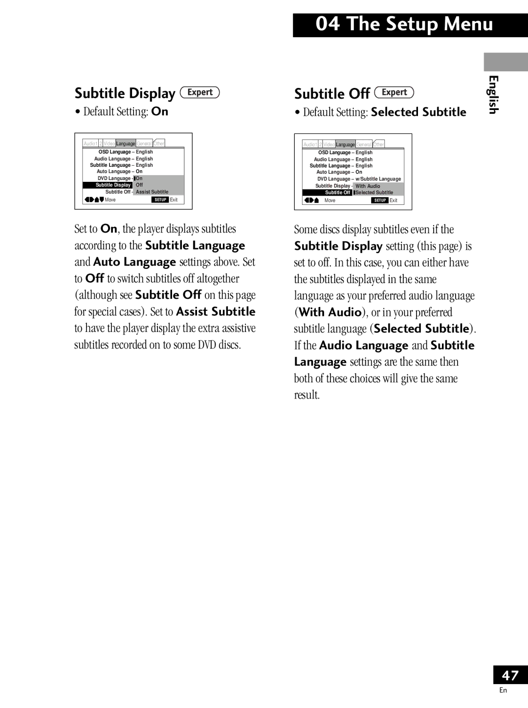 Pioneer PDV-LC20, PDV-20 operating instructions Subtitle Display, Subtitle Off, If the Audio Language and Subtitle 