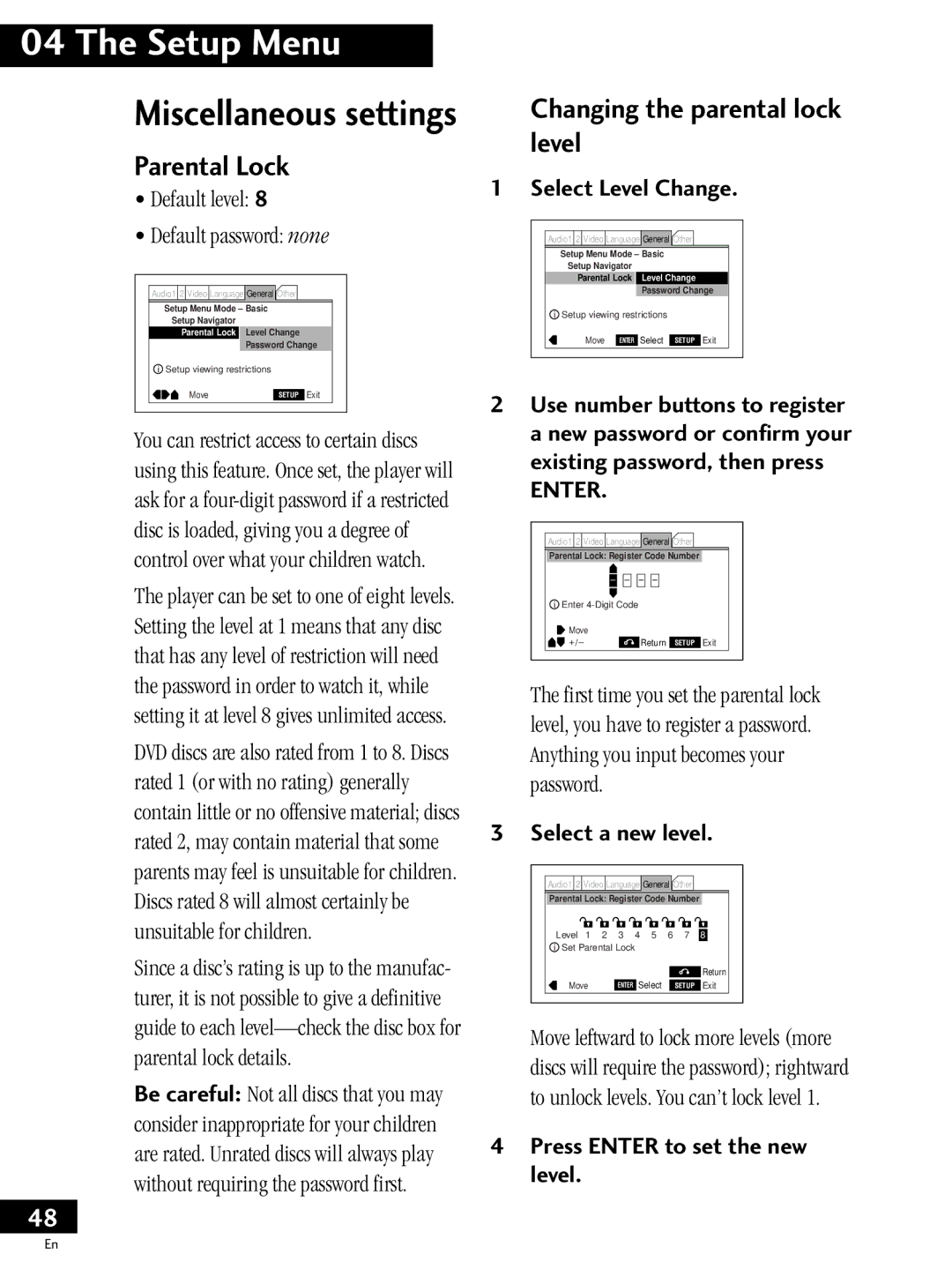 Pioneer PDV-20, PDV-LC20 Parental Lock, Changing the parental lock level, Select Level Change, Select a new level 