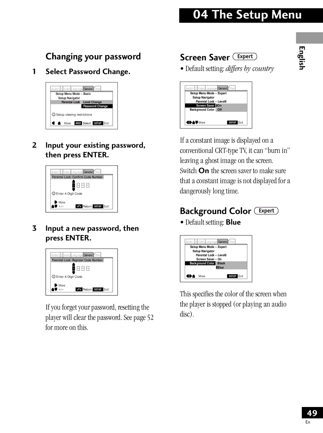 Pioneer PDV-LC20, PDV-20 Changing your password, Screen Saver, Background Color, Select Password Change 