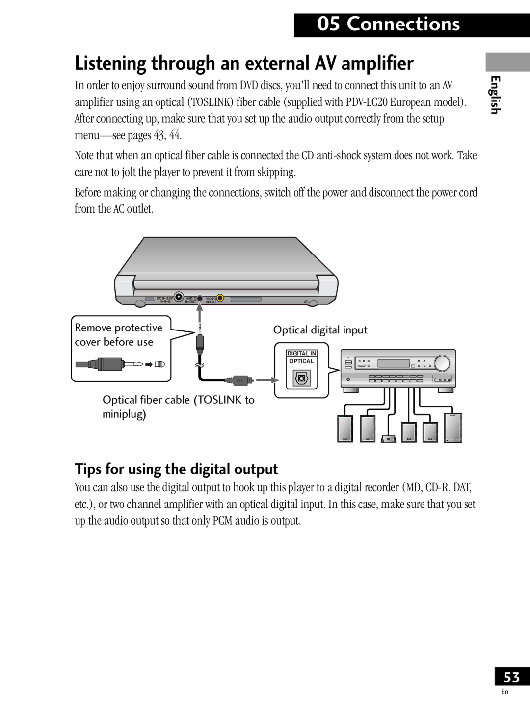 Pioneer PDV-LC20, PDV-20 operating instructions Connections, Tips for using the digital output 