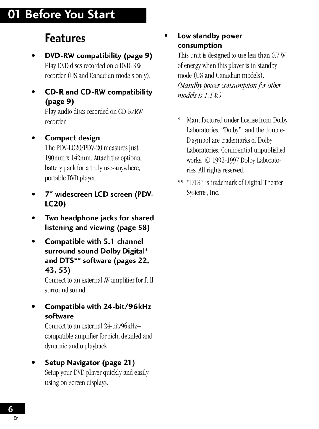 Pioneer PDV-20, PDV-LC20 operating instructions Features 