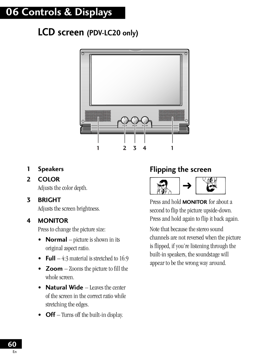 Pioneer PDV-20 operating instructions LCD screen PDV-LC20 only, Flipping the screen, Speakers, Adjusts the color depth 