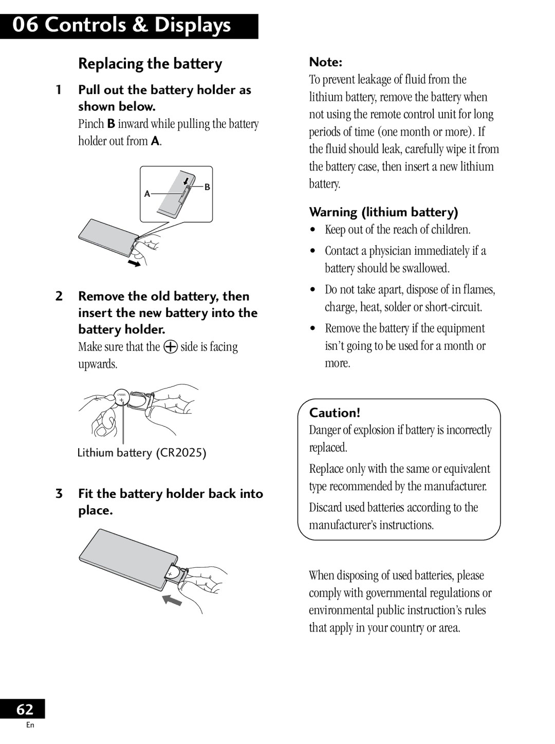 Pioneer PDV-20 Replacing the battery, Pull out the battery holder as shown below, Fit the battery holder back into place 