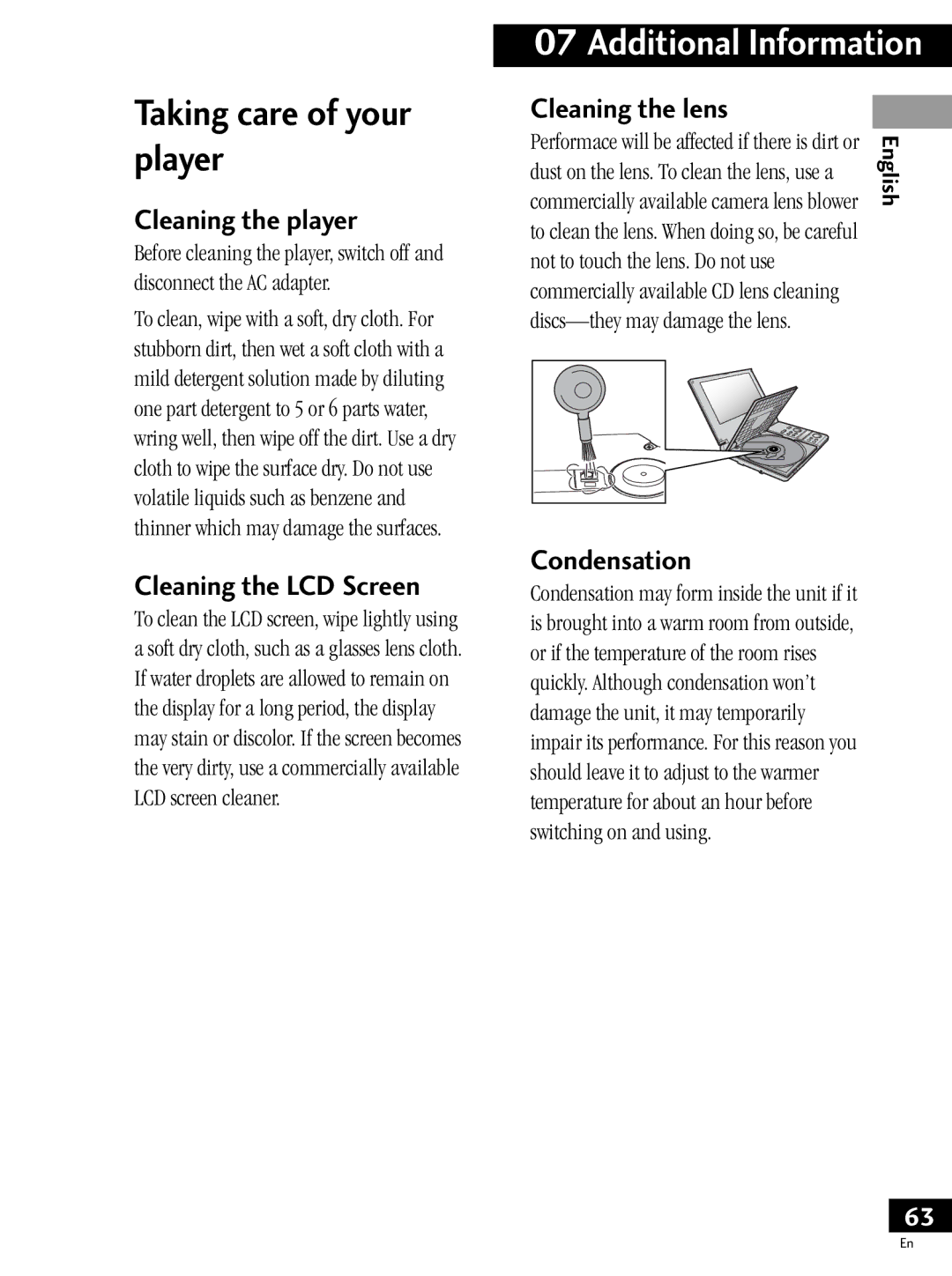 Pioneer PDV-LC20 Taking care of your player, Cleaning the player, Cleaning the LCD Screen, Cleaning the lens, Condensation 