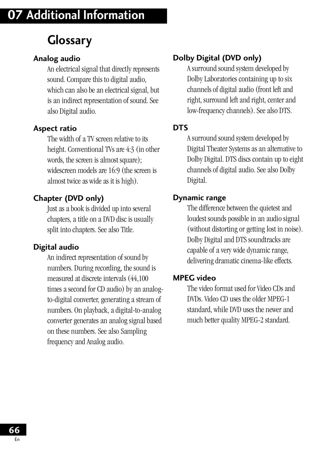 Pioneer PDV-20, PDV-LC20 operating instructions Glossary 