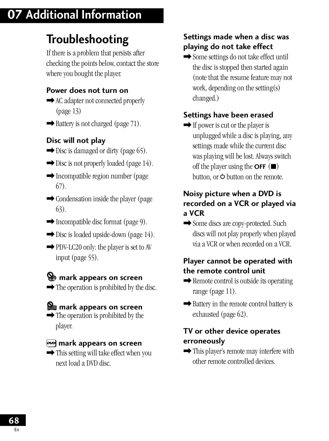 Pioneer PDV-20, PDV-LC20 operating instructions Troubleshooting 