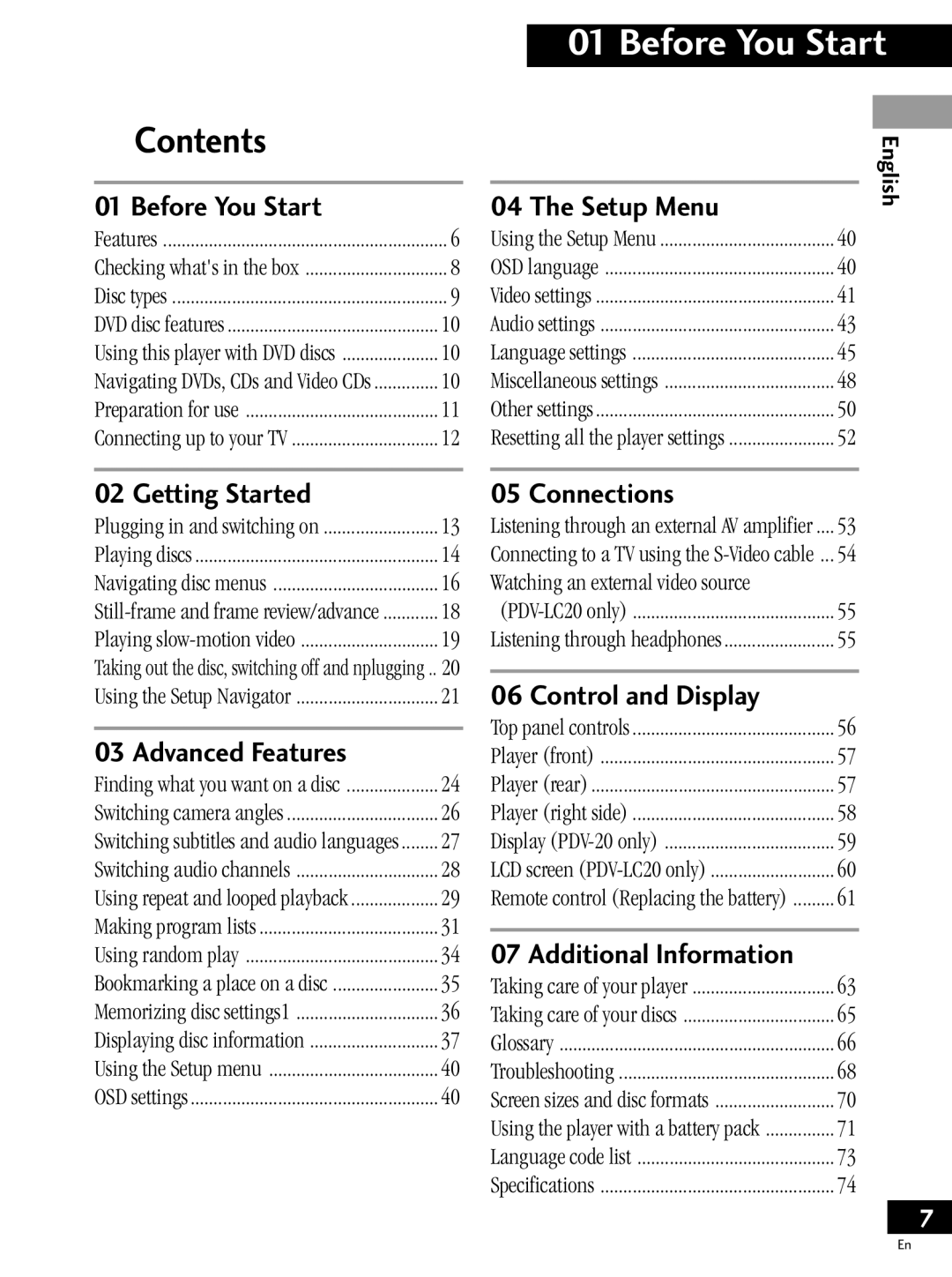 Pioneer PDV-LC20, PDV-20 operating instructions Contents, Before You Start 