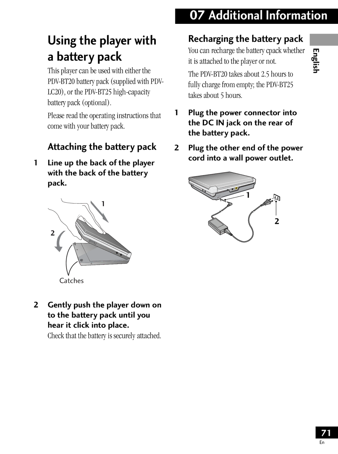 Pioneer PDV-LC20, PDV-20 Attaching the battery pack, Recharging the battery pack, It is attached to the player or not 