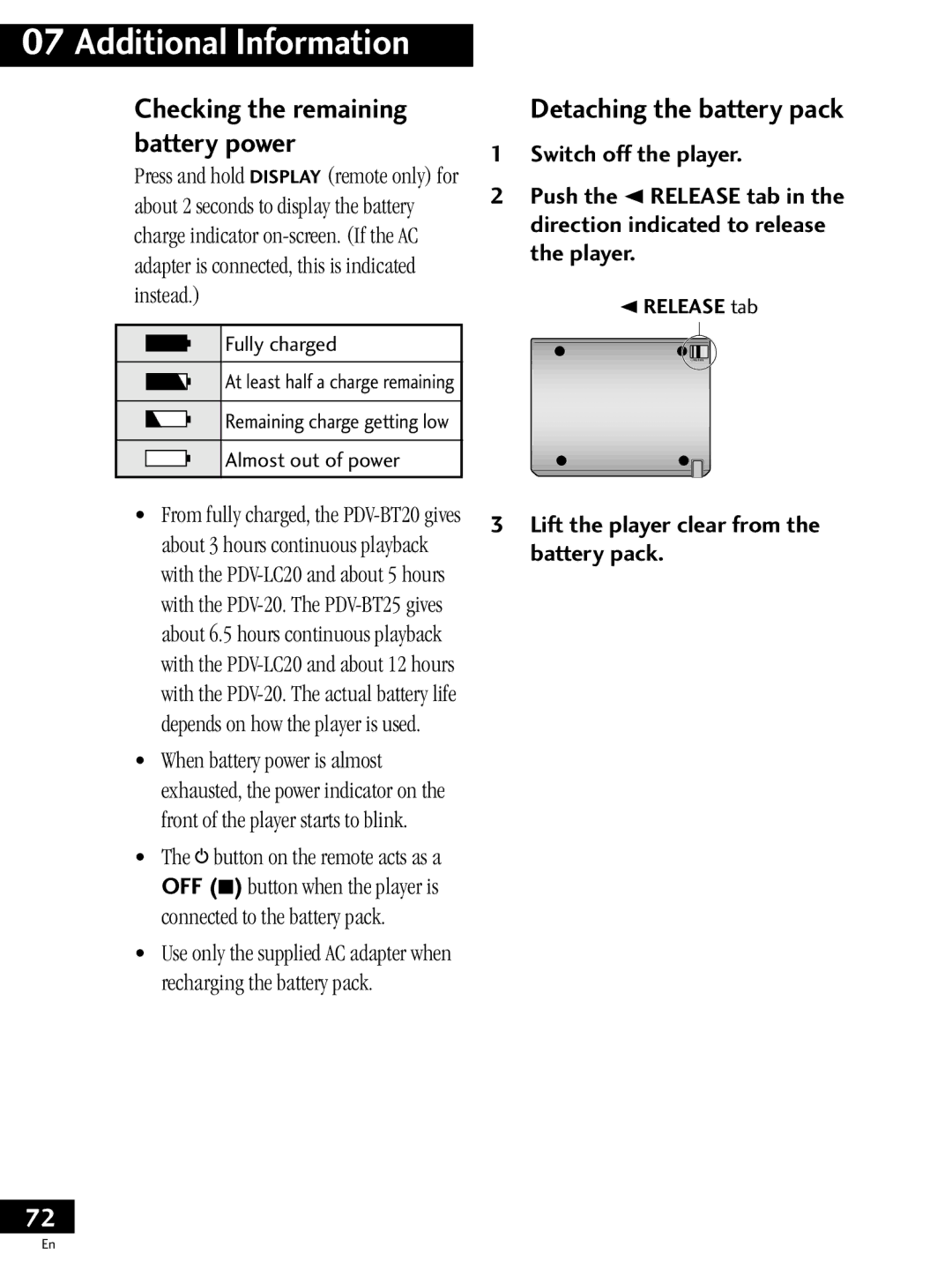 Pioneer PDV-20, PDV-LC20 Detaching the battery pack, Checking the remaining battery power, Release tab 