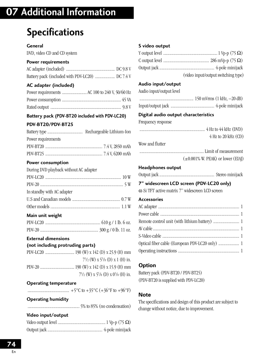 Pioneer PDV-20, PDV-LC20 operating instructions Specifications, DVD, video CD and CD system 