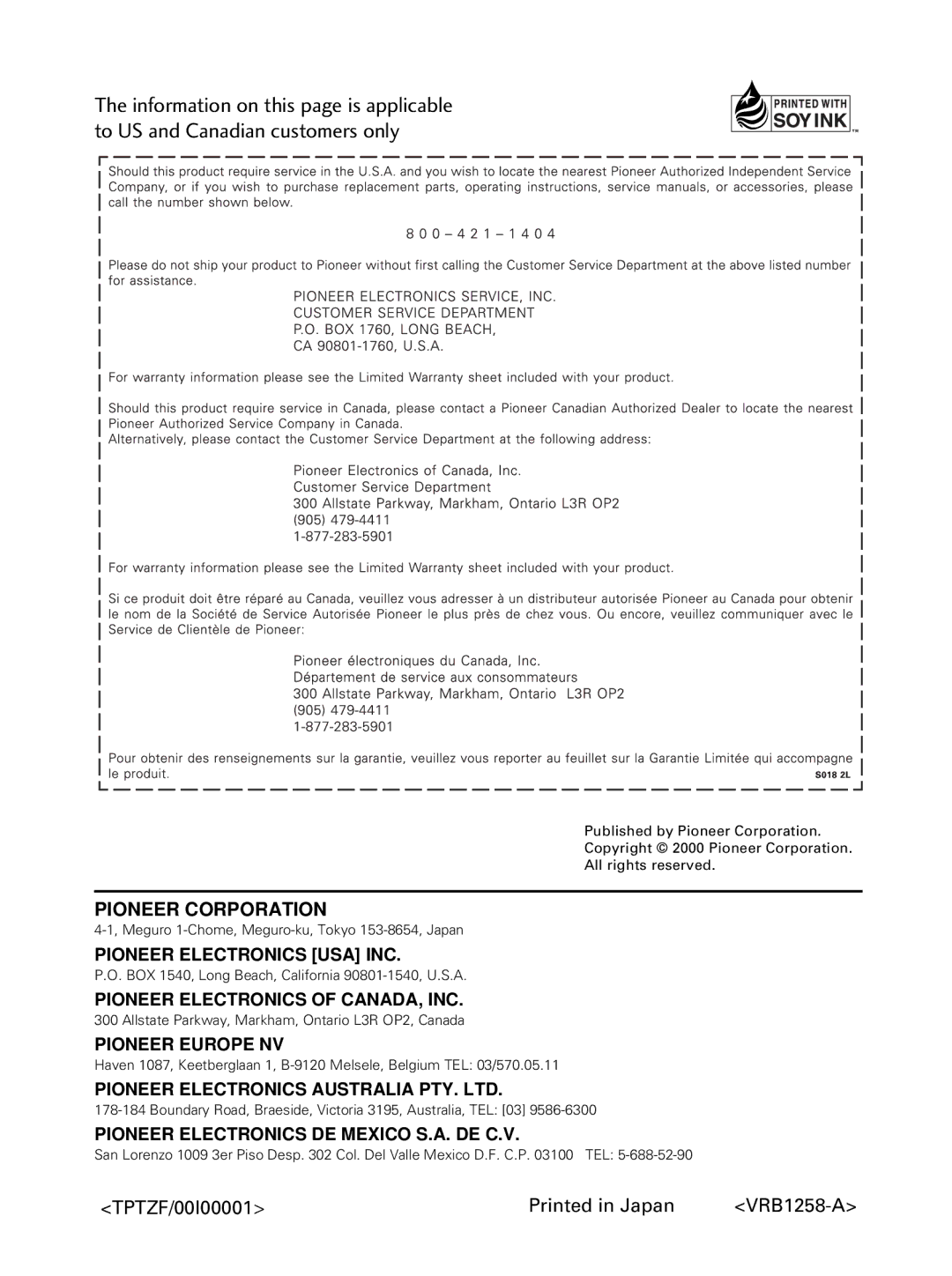 Pioneer PDV-20, PDV-LC20 operating instructions Pioneer Corporation 