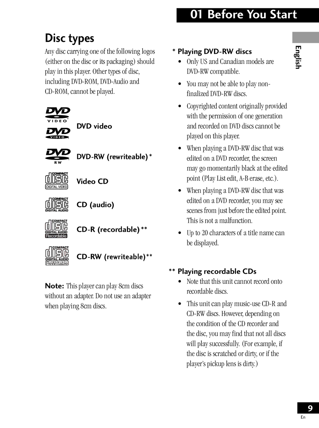 Pioneer PDV-LC20, PDV-20 operating instructions Disc types, Playing DVD-RW discs, Playing recordable CDs 