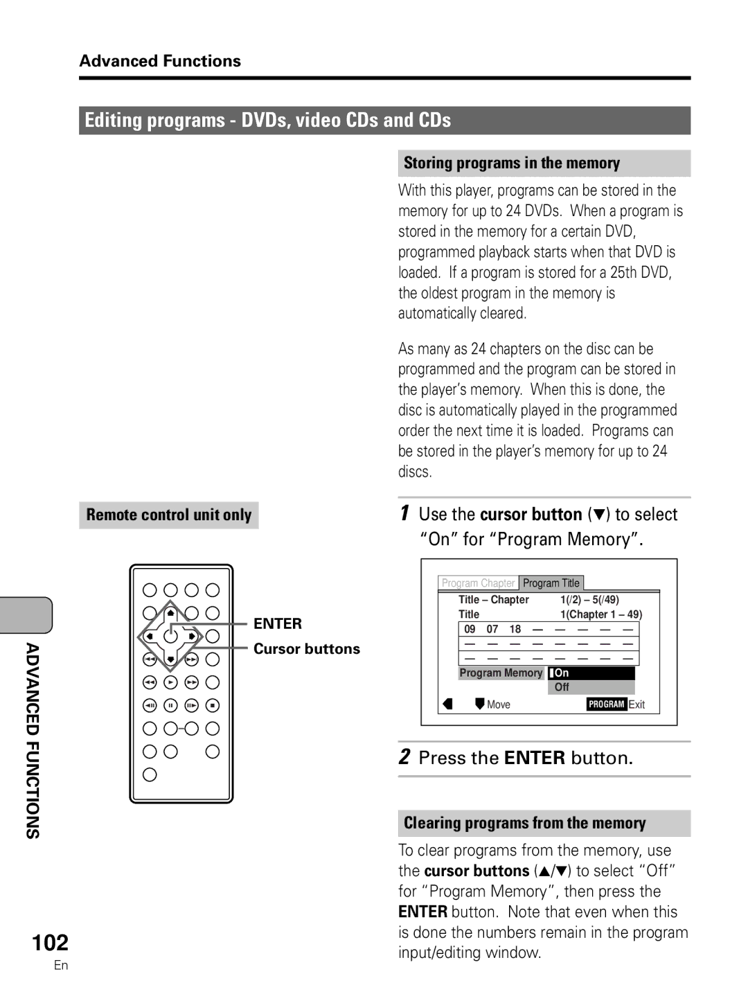 Pioneer PDV-LC10 operating instructions 102, Storing programs in the memory, Clearing programs from the memory 