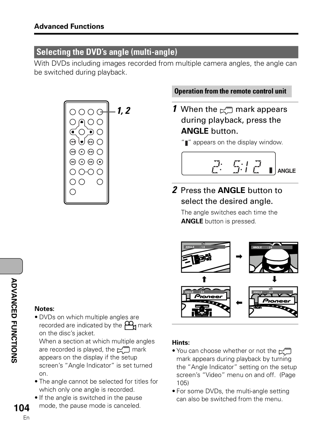 Pioneer PDV-LC10 104, Selecting the DVD’s angle multi-angle, Press the Angle button to Select the desired angle 