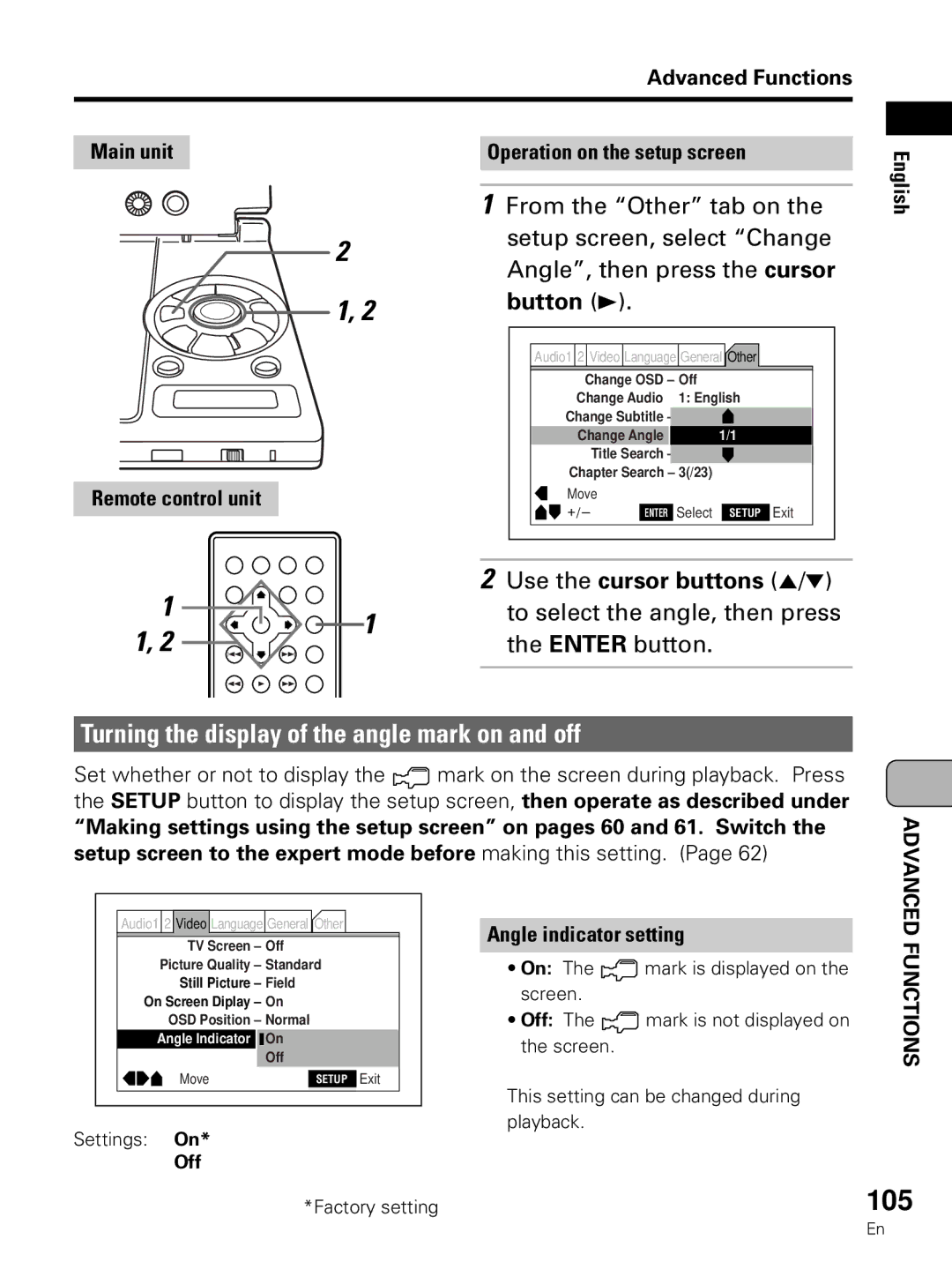 Pioneer PDV-LC10 105, Turning the display of the angle mark on and off, To select the angle, then press 