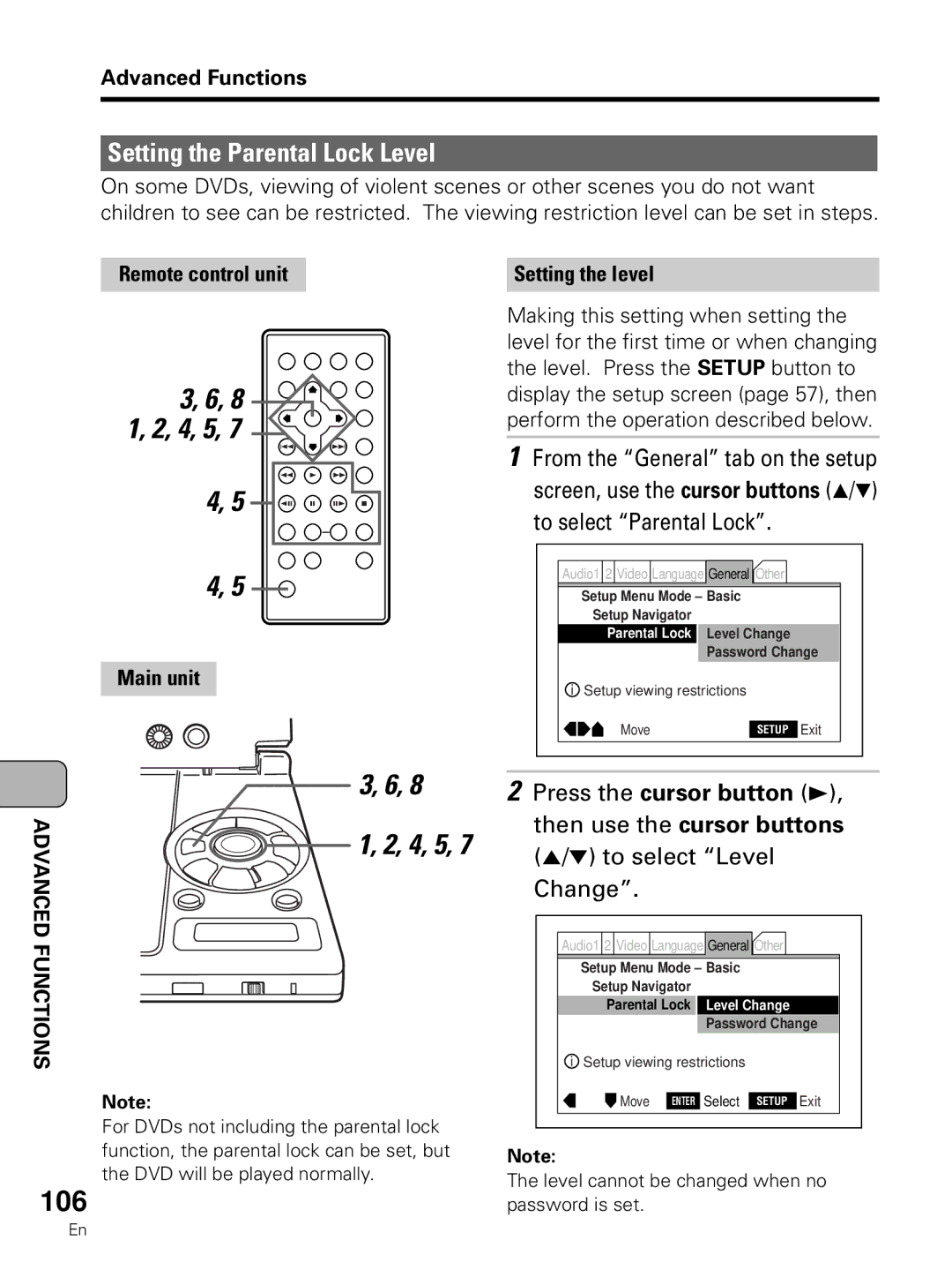 Pioneer PDV-LC10 106, Setting the Parental Lock Level, Setting the level, Level cannot be changed when no password is set 