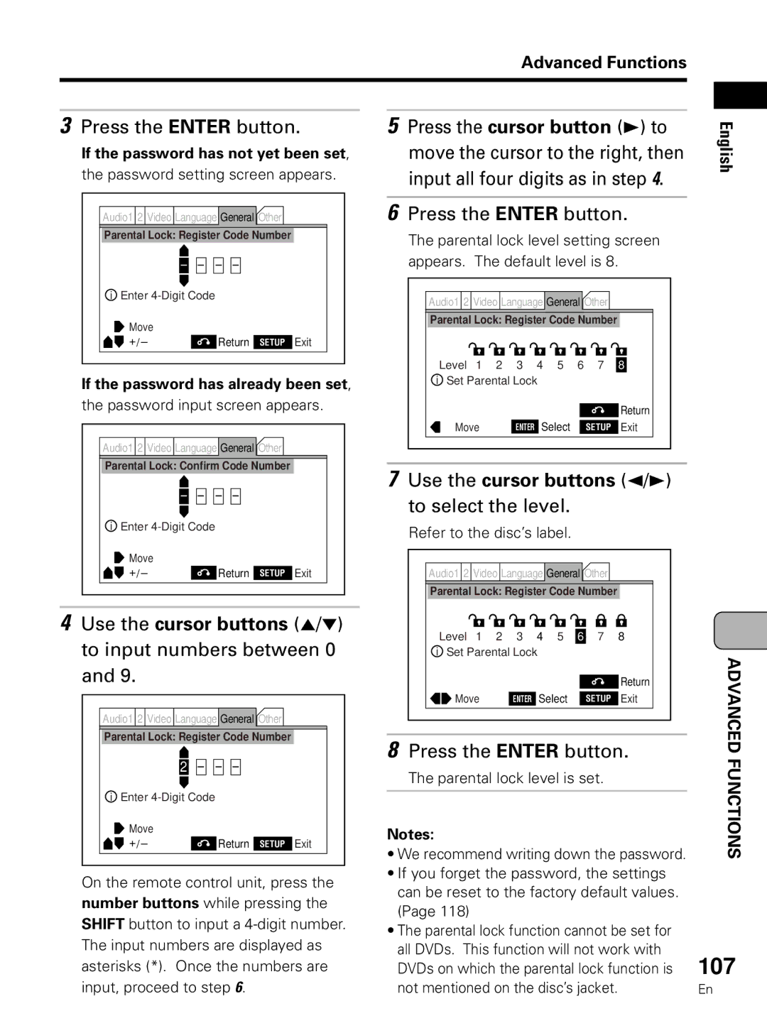 Pioneer PDV-LC10 107, Use the cursor buttons 5/ to input numbers between 0, Use the cursor buttons 2/3 