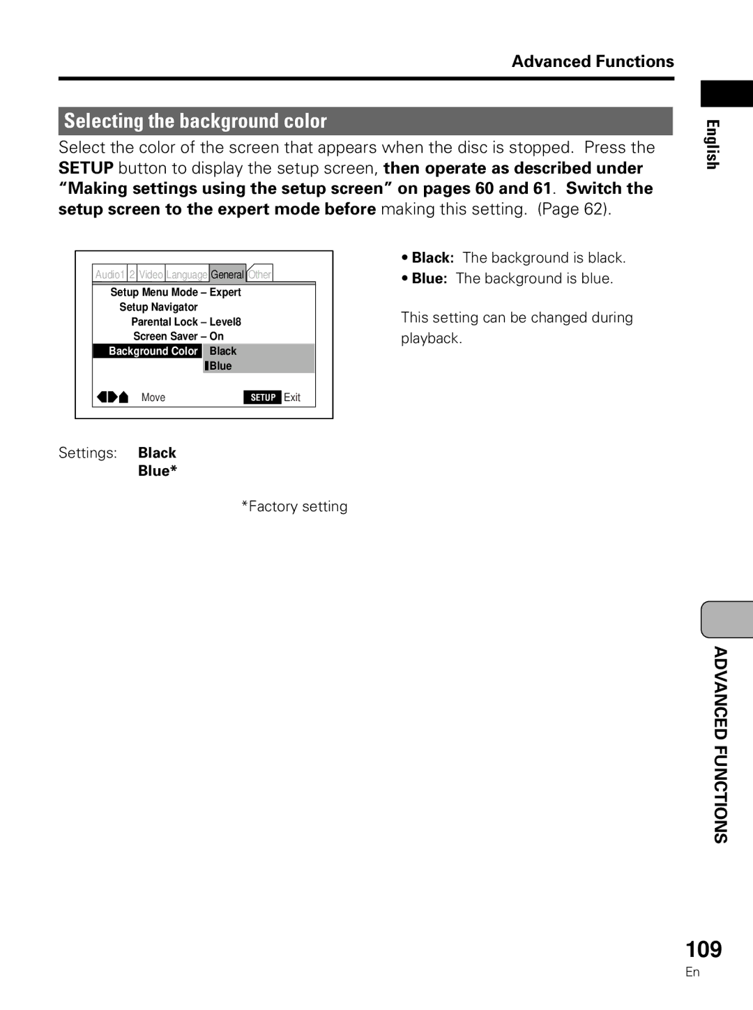 Pioneer PDV-LC10 operating instructions 109, Selecting the background color, Settings Black Blue 