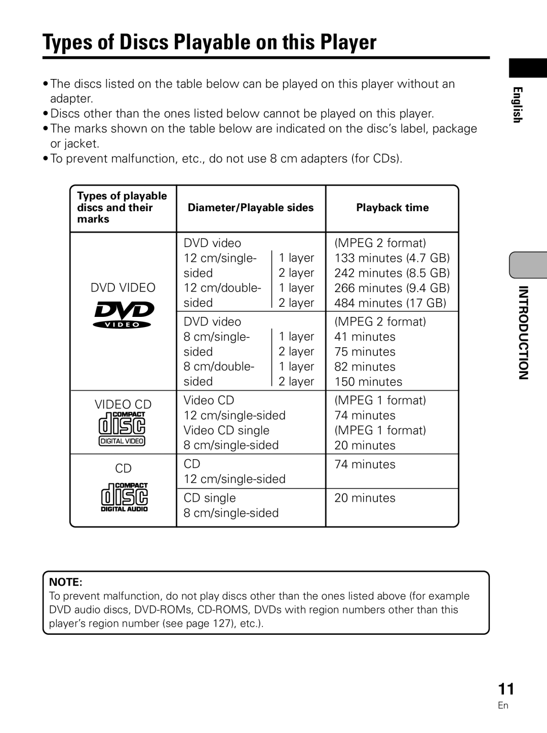 Pioneer PDV-LC10 Types of Discs Playable on this Player, Discs and their Diameter/Playable sides Playback time Marks 