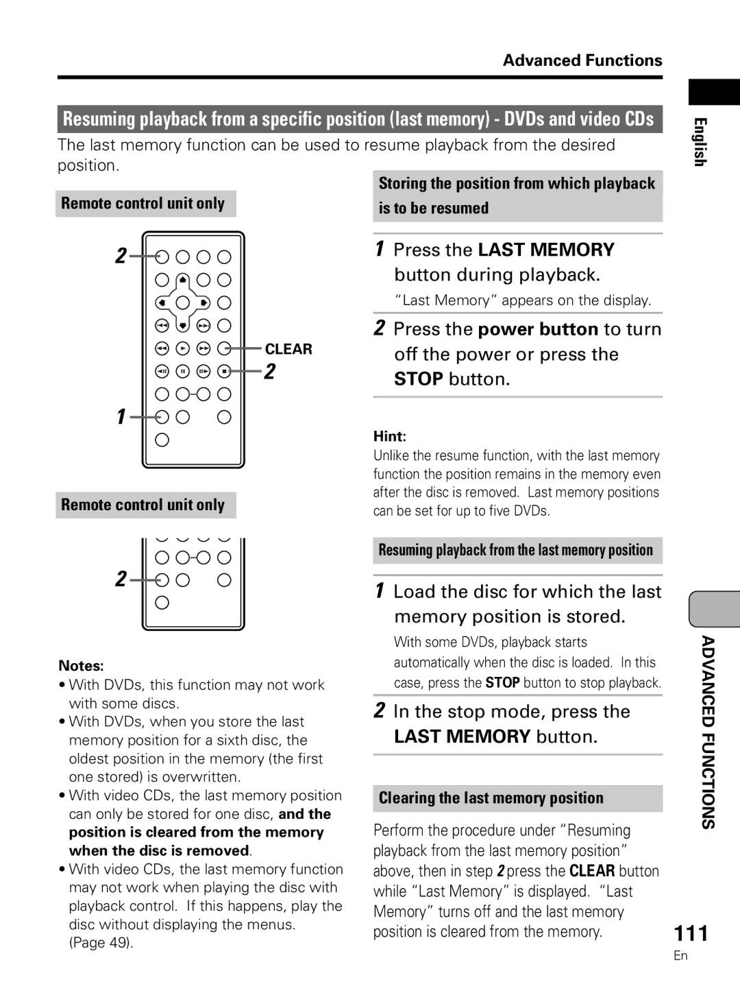 Pioneer PDV-LC10 operating instructions 111, Press the Last Memory, Last Memory button 