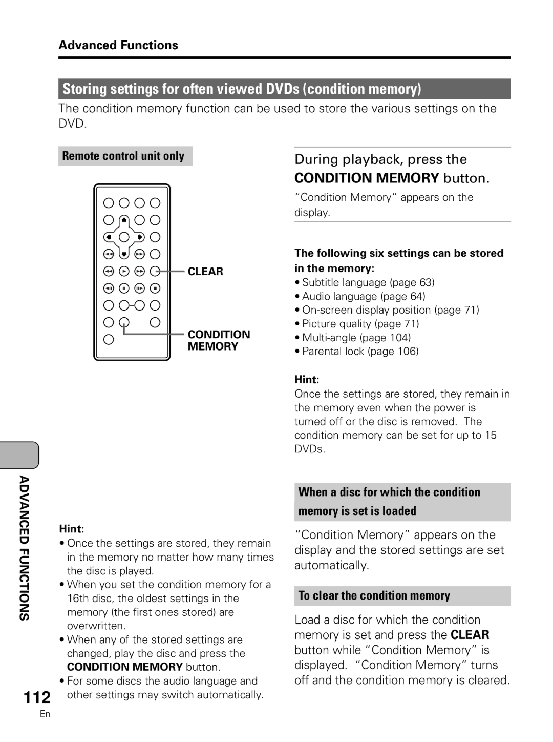 Pioneer PDV-LC10 operating instructions Storing settings for often viewed DVDs condition memory, Condition Memory button 