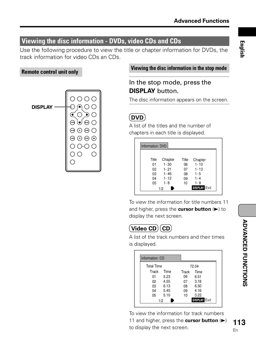 Pioneer PDV-LC10 operating instructions Viewing the disc information DVDs, video CDs and CDs, Display button 