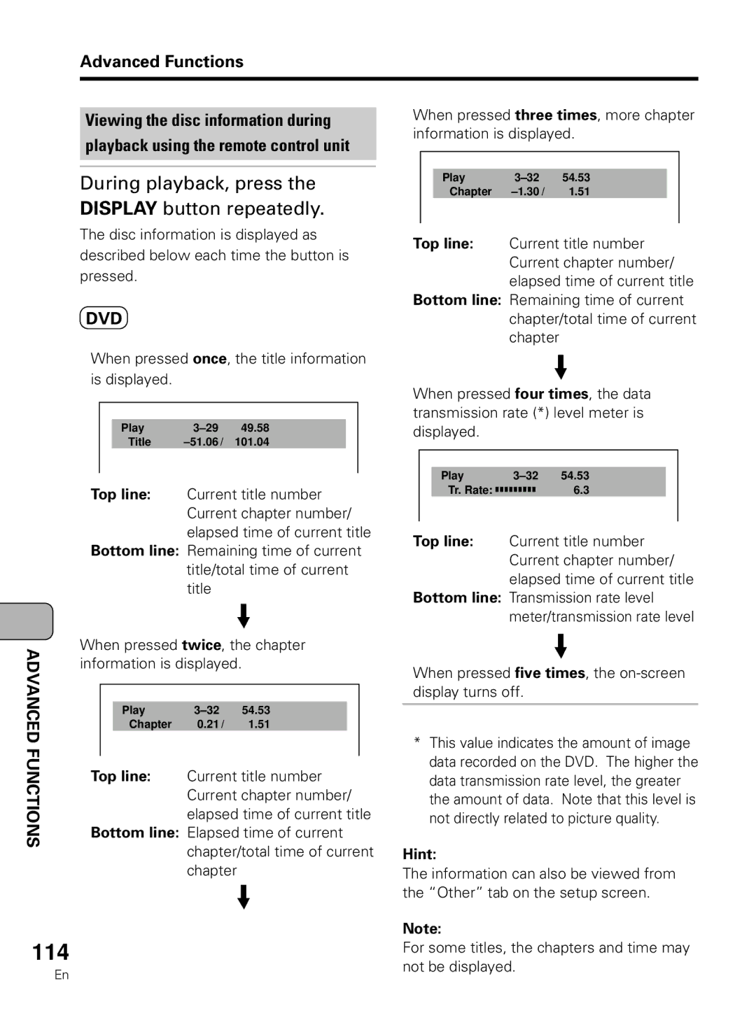 Pioneer PDV-LC10 operating instructions 114, During playback, press the Display button repeatedly 