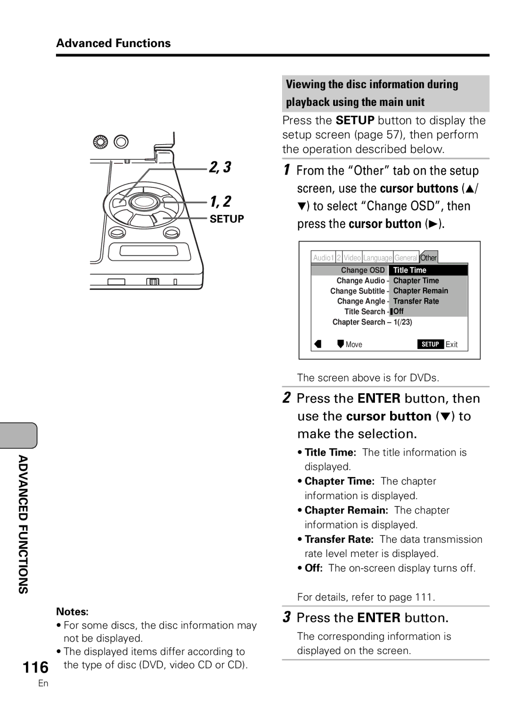 Pioneer PDV-LC10 operating instructions Screen above is for DVDs, Title Time The title information is displayed 