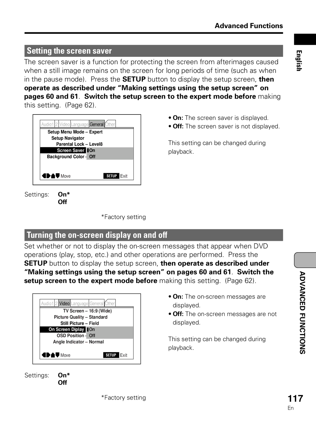 Pioneer PDV-LC10 operating instructions 117, Setting the screen saver, Turning the on-screen display on and off 