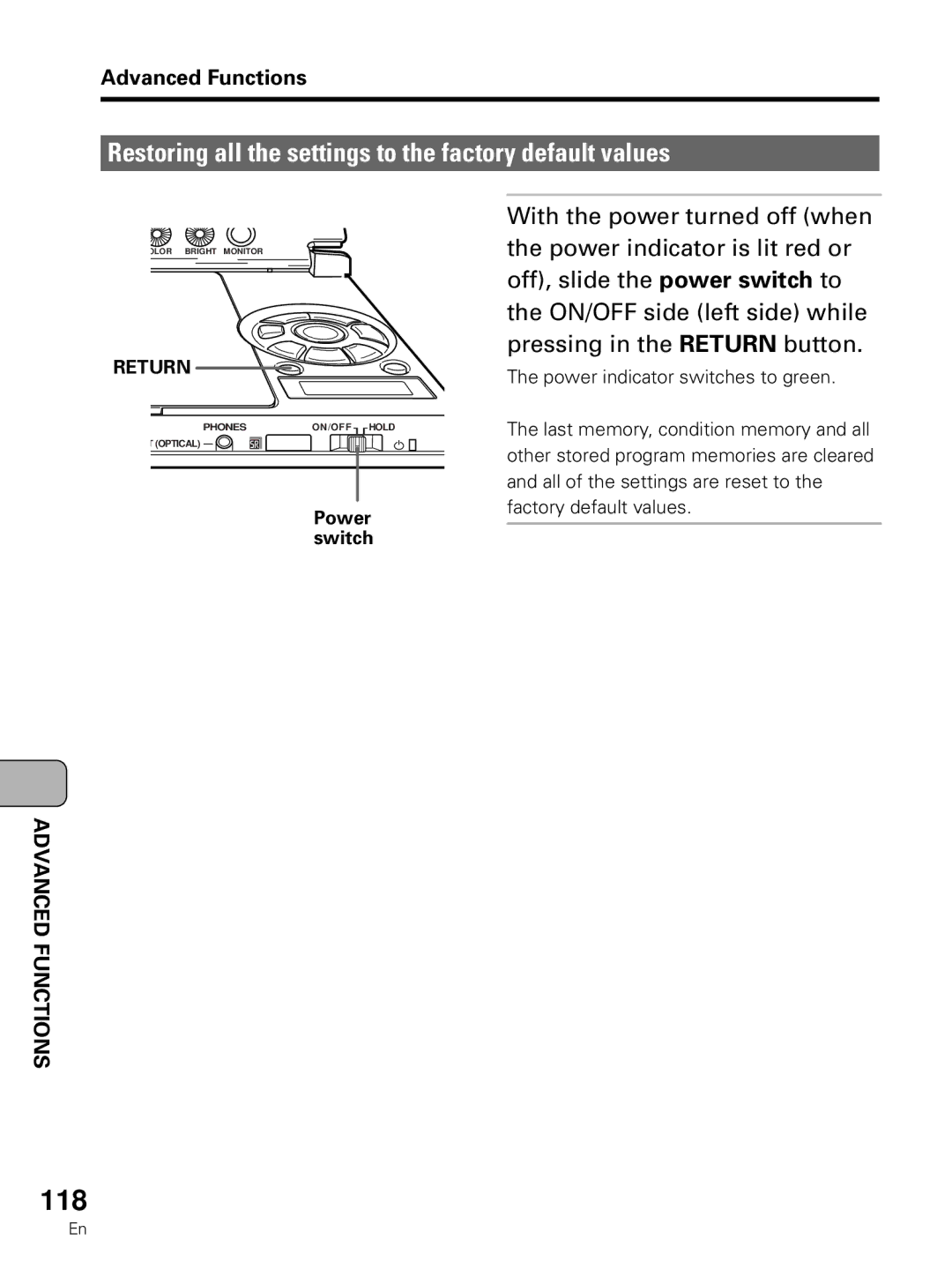 Pioneer PDV-LC10 operating instructions 118, Restoring all the settings to the factory default values, Power switch 