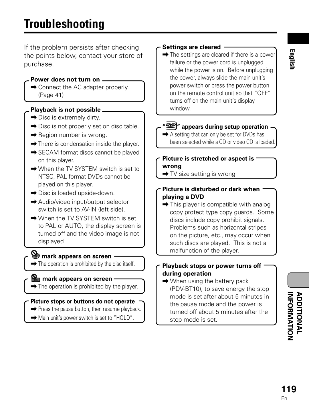 Pioneer PDV-LC10 operating instructions Troubleshooting, 119 