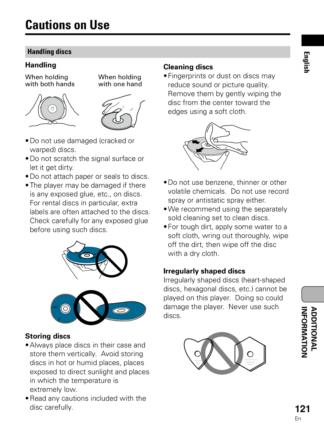 Pioneer PDV-LC10 operating instructions 121, Handling discs, Cleaning discs, Storing discs, Irregularly shaped discs 