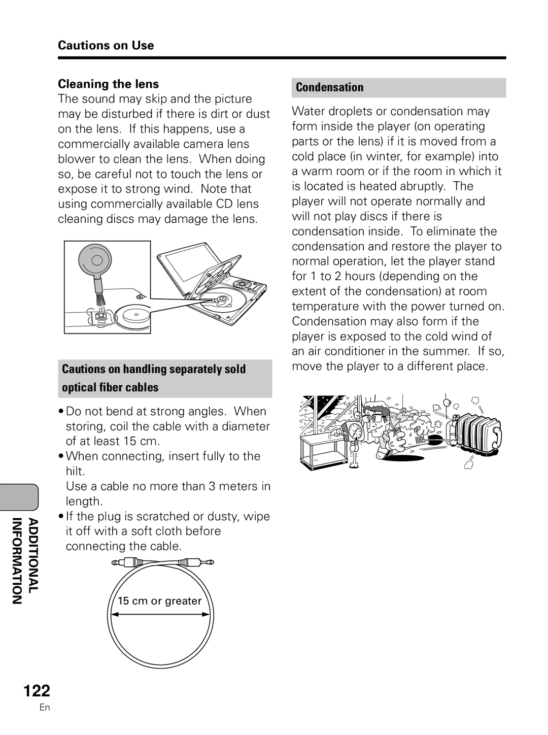 Pioneer PDV-LC10 operating instructions 122, Cleaning the lens, Optical fiber cables Condensation, Cm or greater 