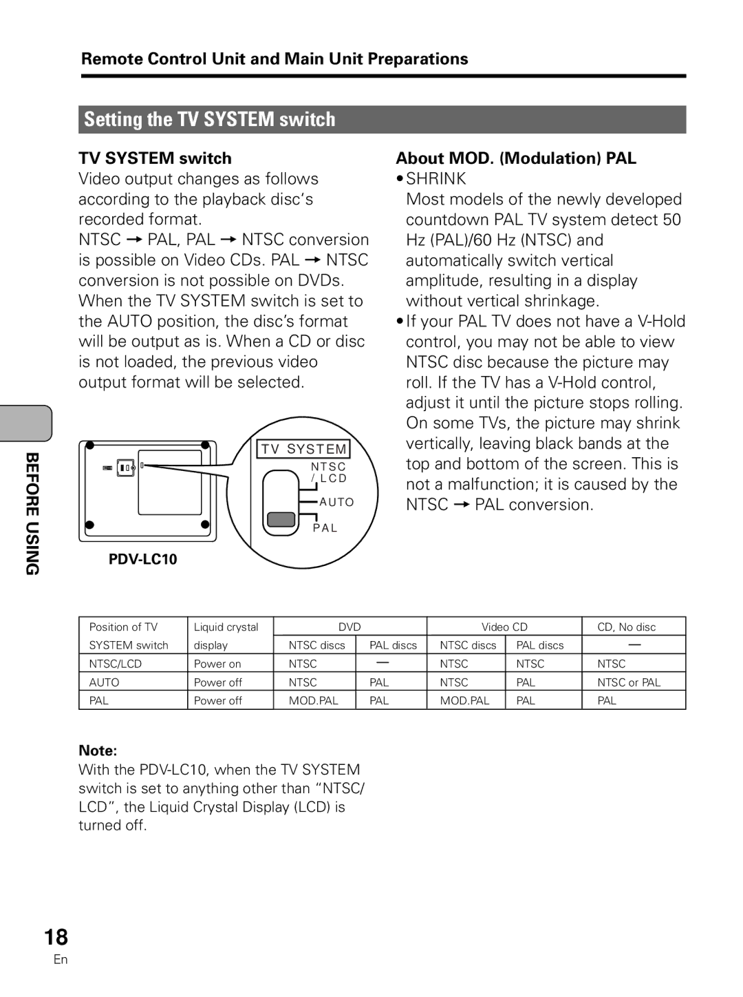 Pioneer PDV-LC10 operating instructions Setting the TV System switch, About MOD. Modulation PAL 