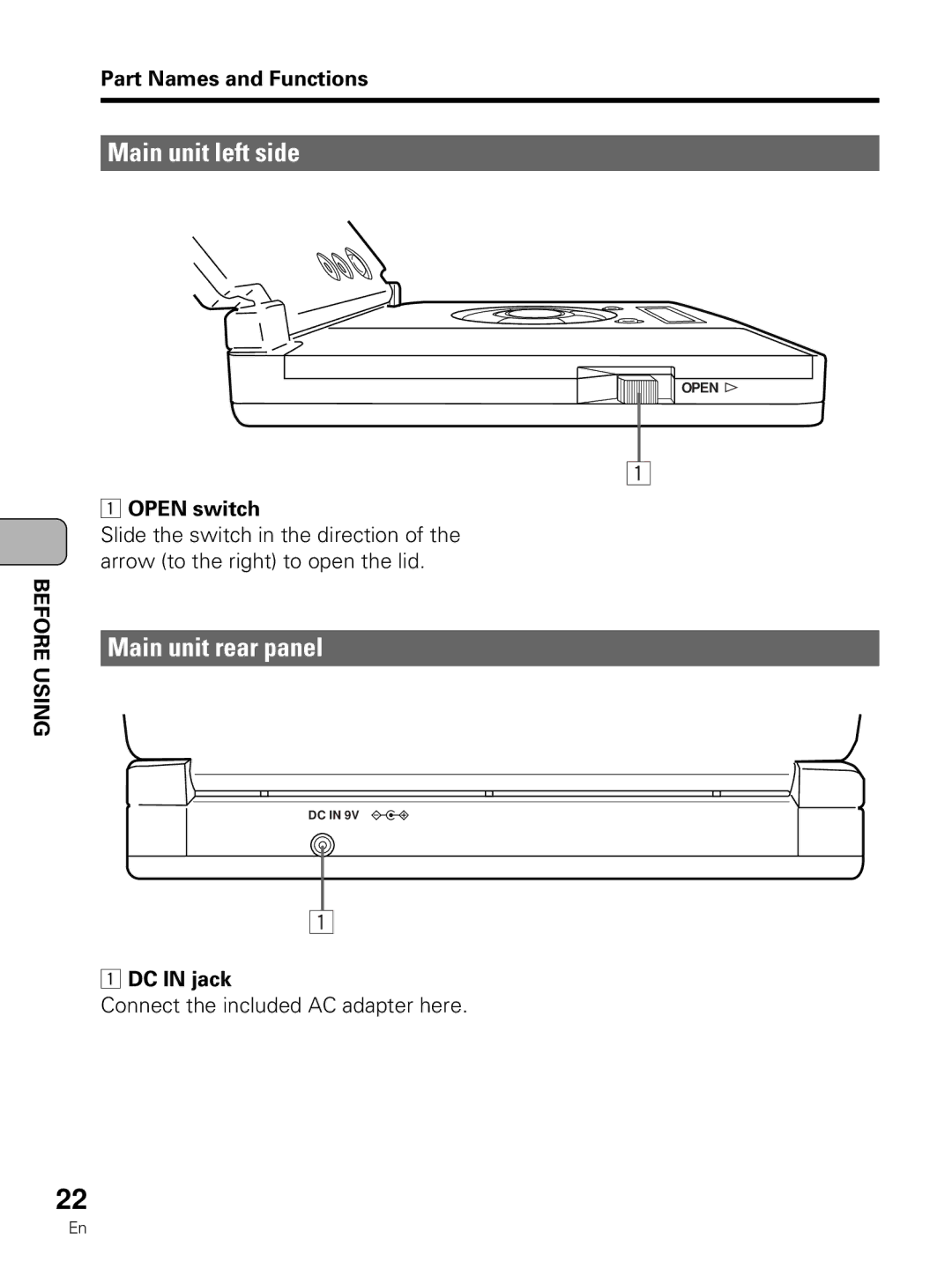 Pioneer PDV-LC10 operating instructions Main unit left side, Main unit rear panel, Open switch, DC in jack 