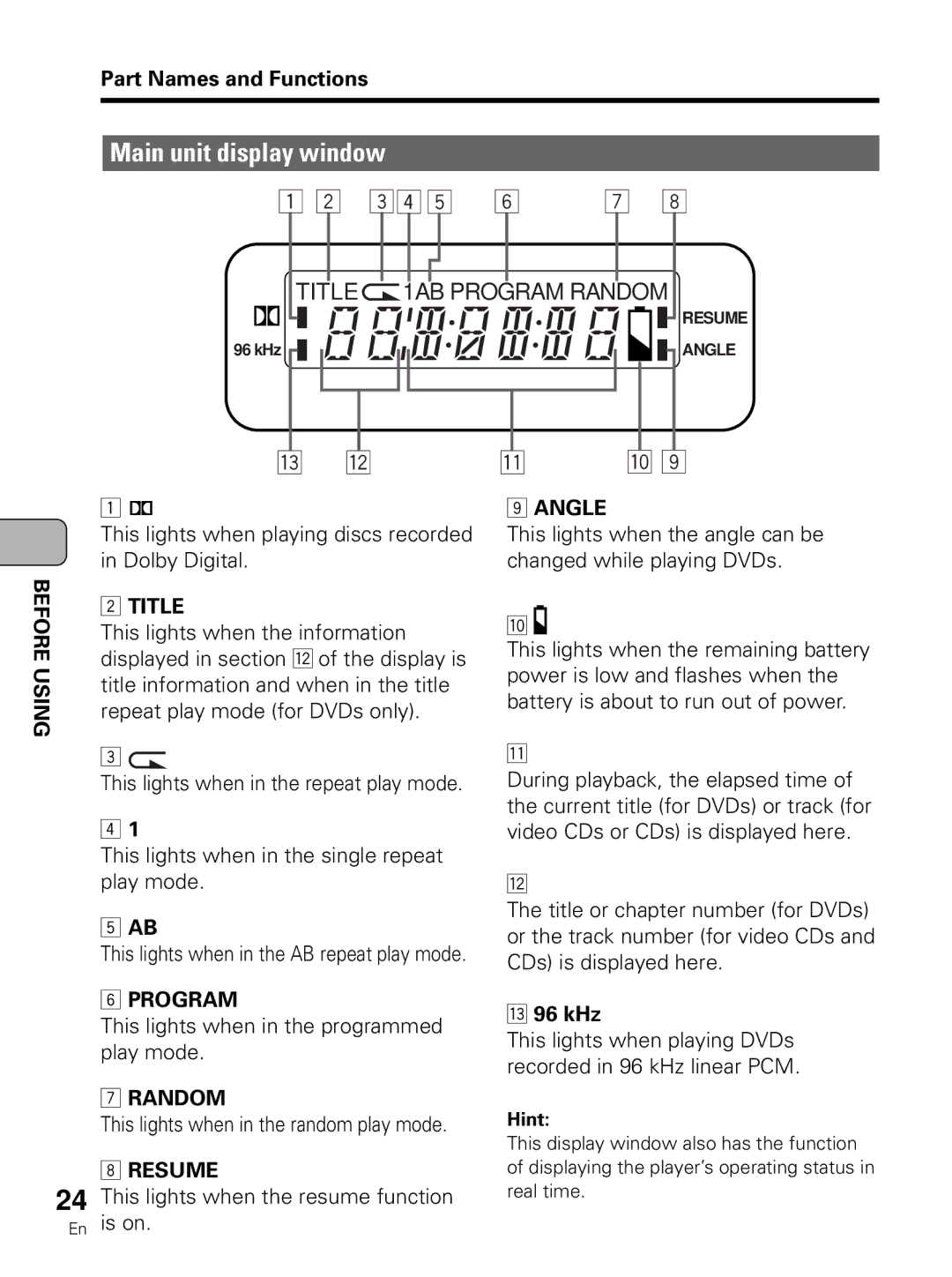 Pioneer PDV-LC10 operating instructions Main unit display window, 96 kHz, This lights when playing discs recorded, Hint 